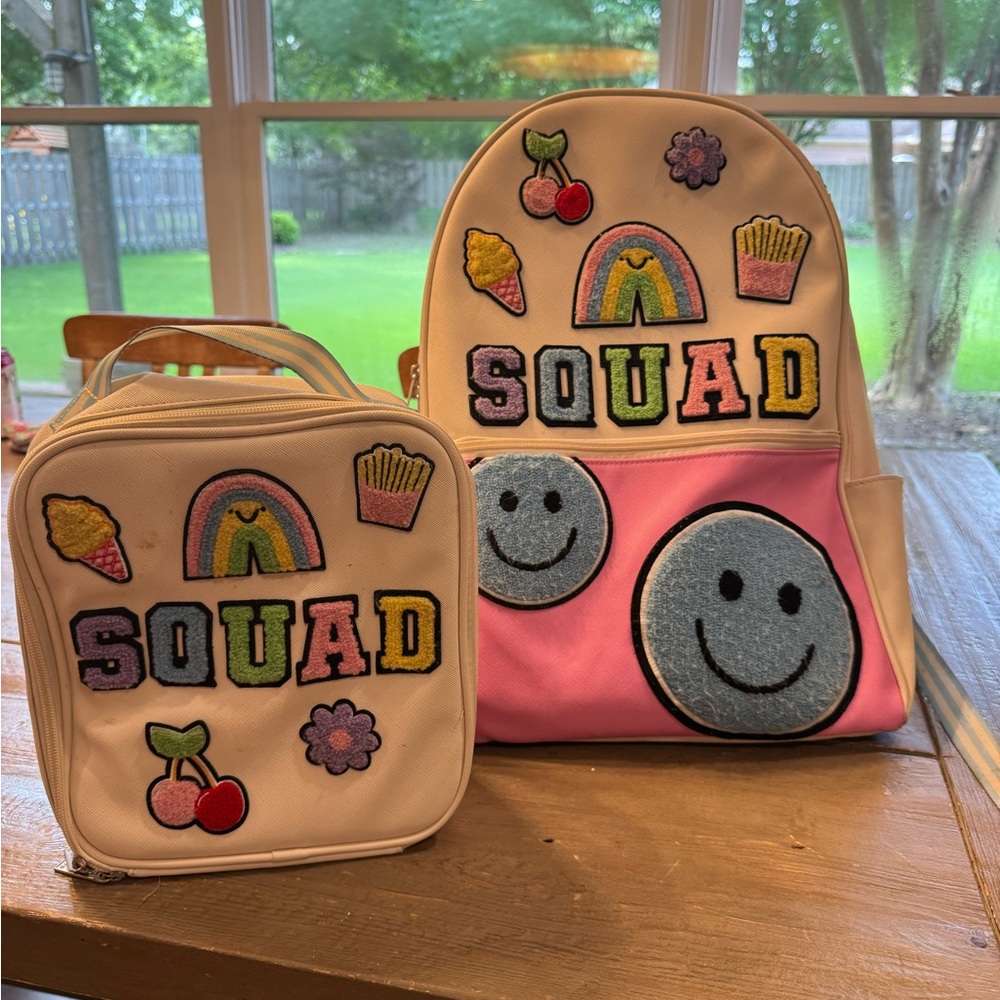 Pink and Cream Smiley Face Backpack and Lunch Bag Set